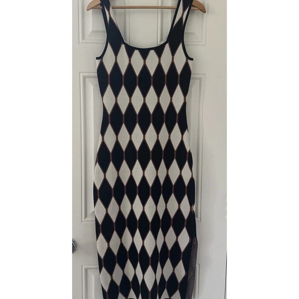 House of Harlow 1960 Geometric Diamond Knit Midi Tank Dress Black White Small S